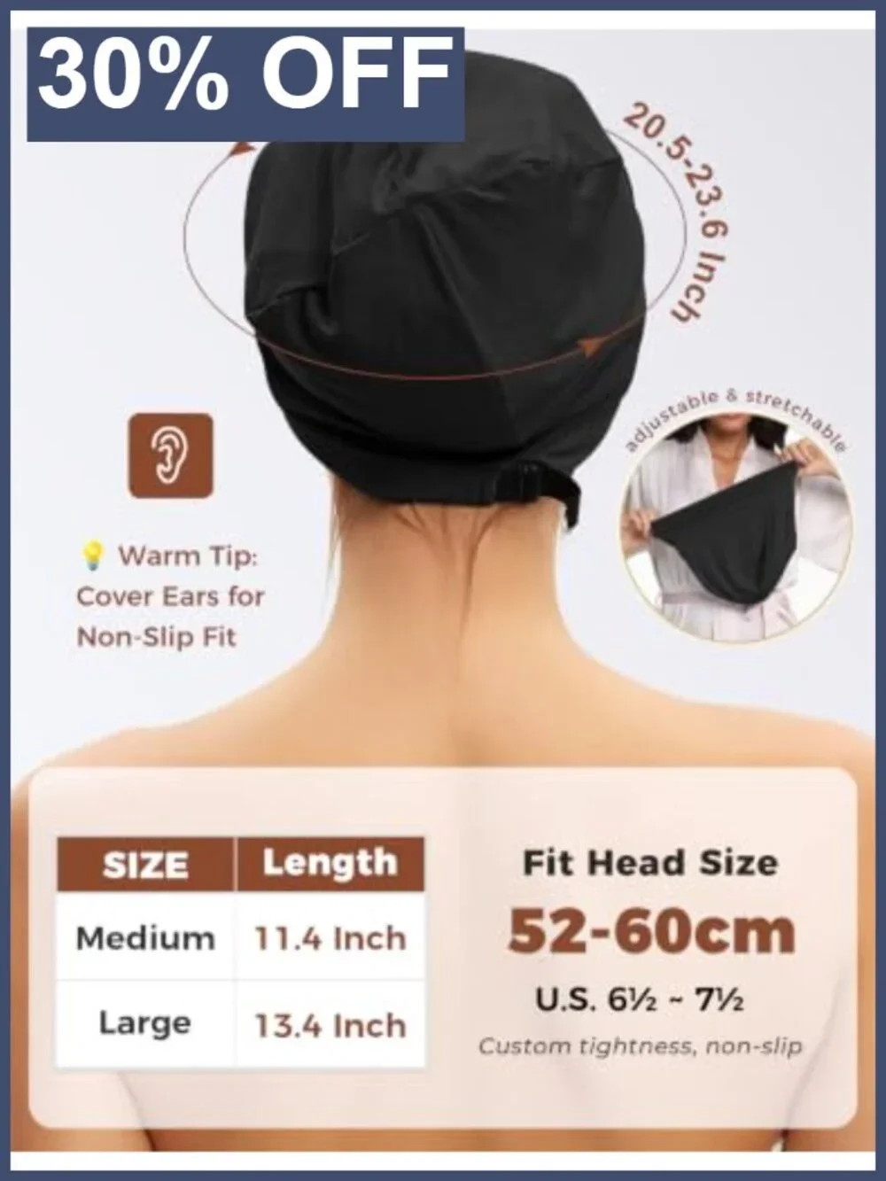 100% Mulberry Silk Lined Sleeping Bonnet Women Adjustable Hair Cap